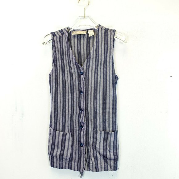VINTAGE EXPRESS USA Womens Navy Blue Gray Vest MEDIUM Striped Sleeveless Knitted - Picture 1 of 10